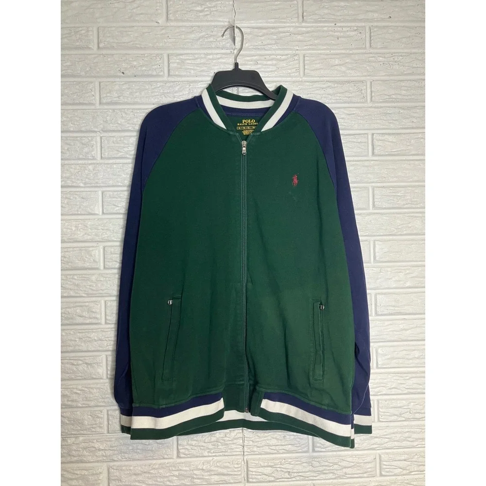 Polo Ralph Lauren navy blue & green baseball bomber jacket full zip mens size XL